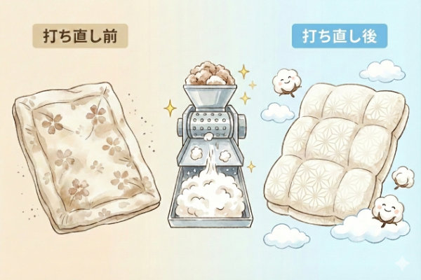 綿ふとんの「打ち直し前」と「打ち直し後」を比較したイラスト画像。長年愛用して硬くへたってしまった綿を専用機械でふっくらとほぐし、新しい側生地で仕立て直す「もりたけ」の綿ふとんリフォームサービスを表しています。衛生的な「丸洗いクリーニング」との同時施工もおすすめです。