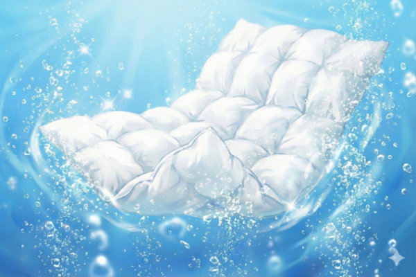 たっぷりの水と泡で丸洗いされるふとんのイメージ画像。寝具と枕の専門店もりたけが提供する、他のお客様の品物と混ざらない安心の「完全個別洗い」と「オゾン処理」による本格的な布団クリーニングサービスを表しています。