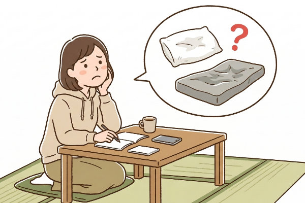 古い枕やマットレスの処分に悩む女性のイラスト画像。飯田市・南信州地域の寝具専門店もりたけが提供する、新しい寝具をご購入時の「同等品の無料お引き取り」や「特別下取りサービス」のご案内を表しています。粗大ごみ処分の負担を最小限に抑え、スムーズなお買い替えをサポートします。