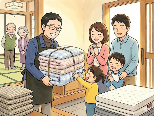 笑顔で出迎えるご家族の元へ、専門店のスタッフがレンタル布団をお届けしているイラスト画像。ご家族の帰省や急なご来客が温かく心休まる時間になるよう、地域の寝具専門店もりたけが清潔なお布団でお手伝いいたします。「何組必要か」「配達エリアに入るか」といった些細なご相談も大歓迎です。