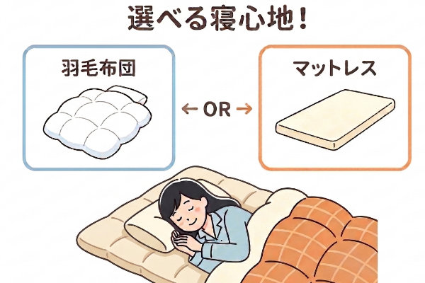 「選べる寝心地！」というメッセージと、布団で眠る女性のイラスト画像。寝具専門店もりたけのレンタル布団では、季節やお好みに合わせて掛けふとんを「羽毛ふとん」へ、敷きふとんを「健康マットレス」へ変更できるオプションをご用意しています。また、「掛けふとんだけ」などの単品レンタルにも対応しており、大切なお客様へ上質な寝心地をご提供します。